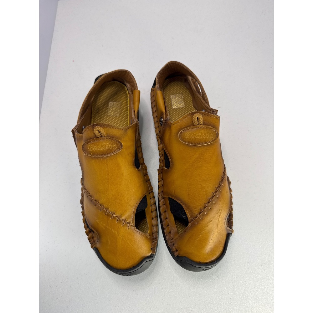 Fashion Mens Tan Leather Fisherman Sandals Closed Toe Stitched Rubber Sole 11.5 - Picture 4 of 10